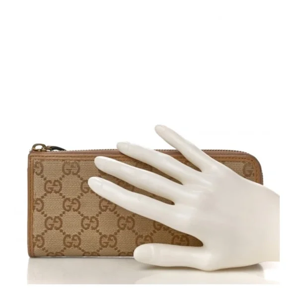 Authentic GUCCI Calfskin Monogram Zip Around Wallet Tan - Picture 5 of 8